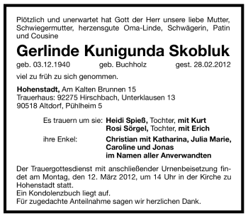 Traueranzeige von Gerlinde Kunigunda Skobluk von Pegnitz-Zeitung